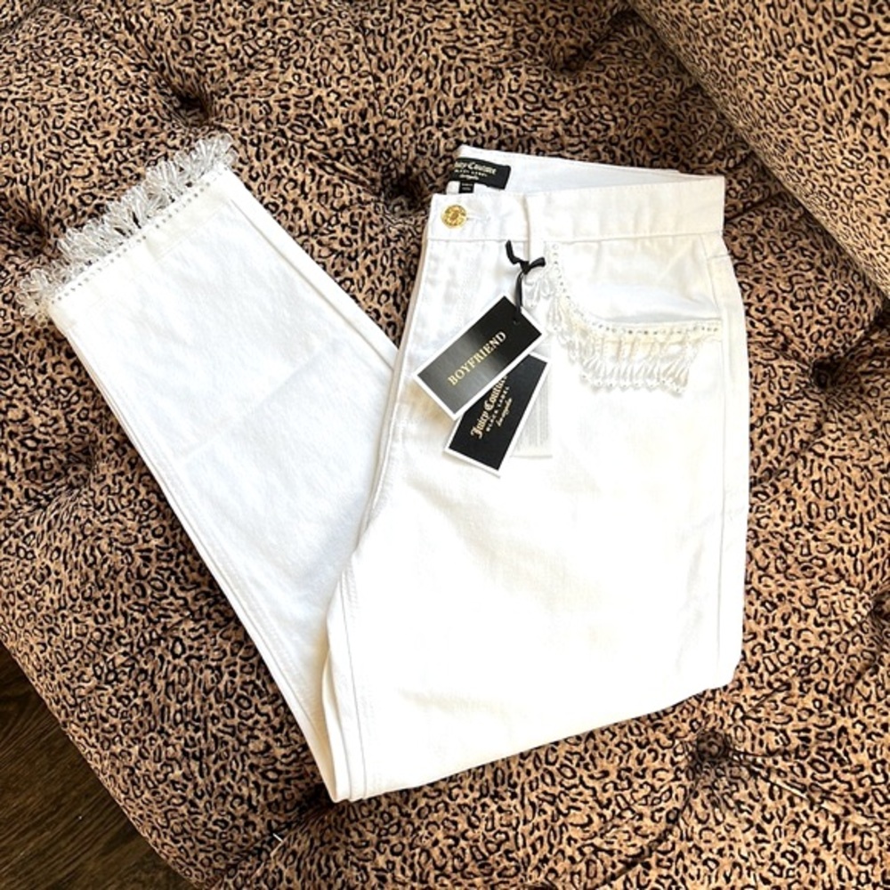 JUICY COUTURE BLACK LABEL White Fringe Embellished Boyfriend Jeans Size 26.